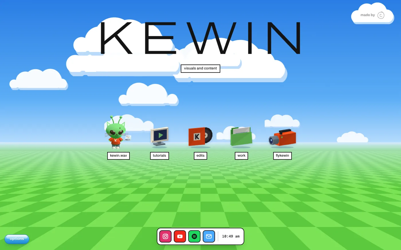 kewin's homepage, a sky world with his 3d alien cat and desktop icons