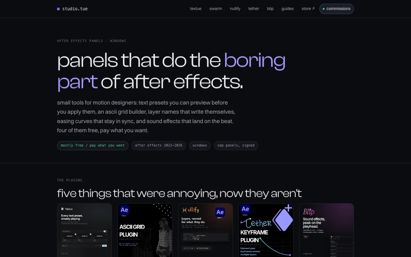 studio.tue homepage, after effects panels