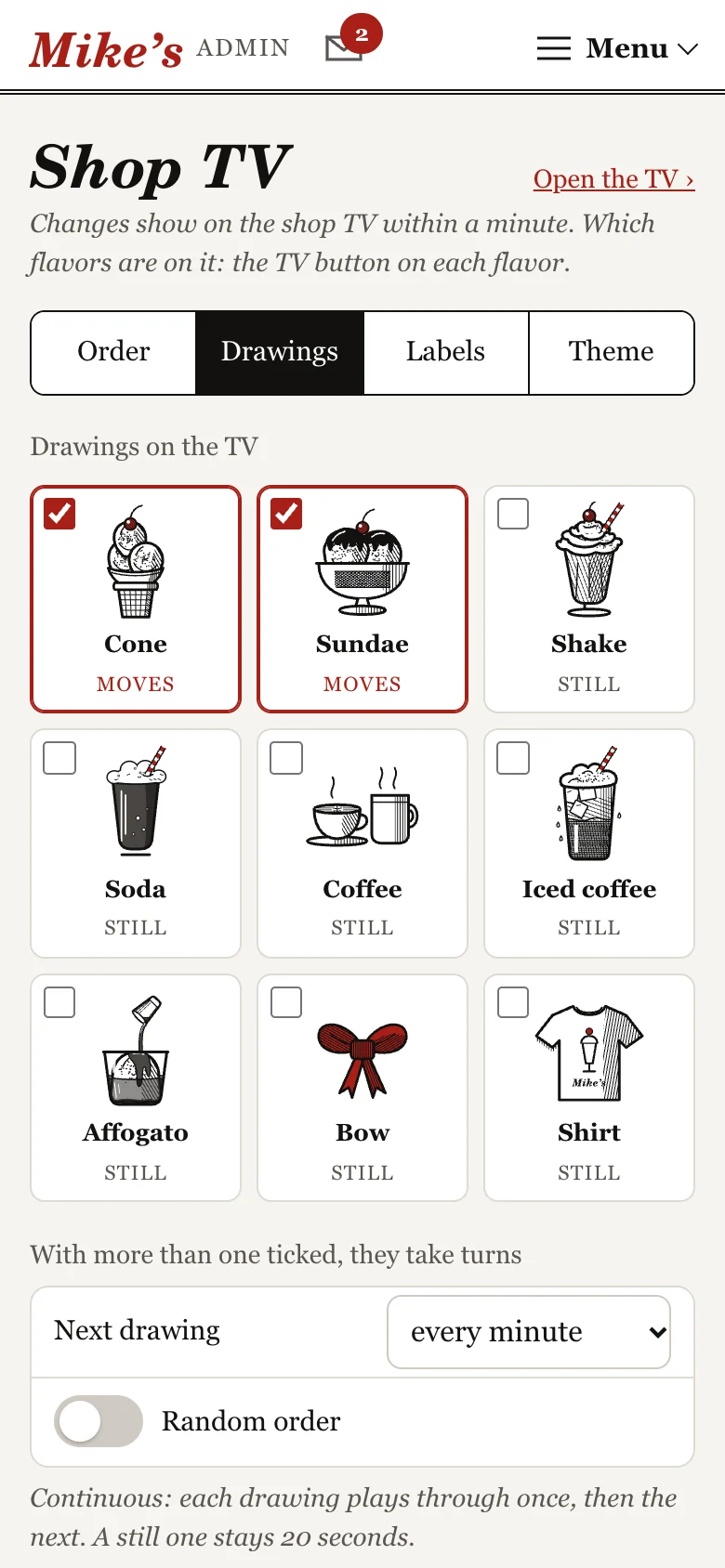 the shop tv settings, picking which drawings take turns on the tv